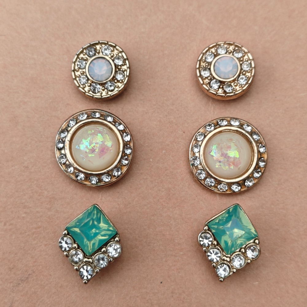Gold Tone Stud Earring Set 3 Pairs Teal Square White Round Rhinestone Halo Post